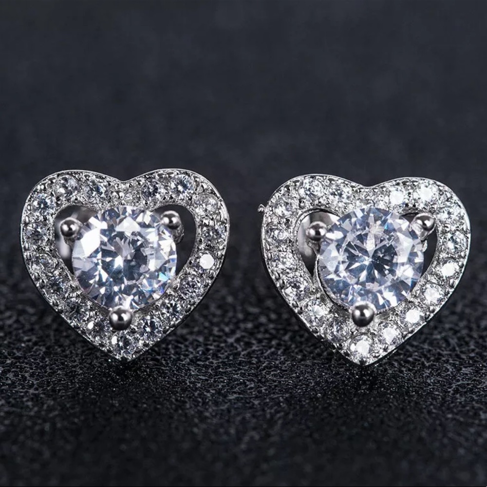 Silver Diamond Heart Stud Earrings